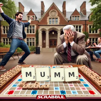 Creative illustration for a Scrabble game with the word MUMM spelled out in tiles on the board.
