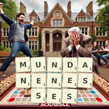 Creative illustration for a Scrabble game with the word MUNDANENESSES spelled out in tiles on the board.