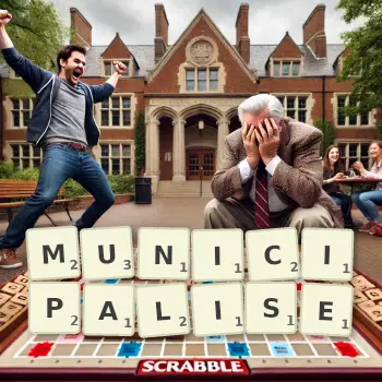 Creative illustration for a Scrabble game with the word MUNICIPALISE spelled out in tiles on the board.