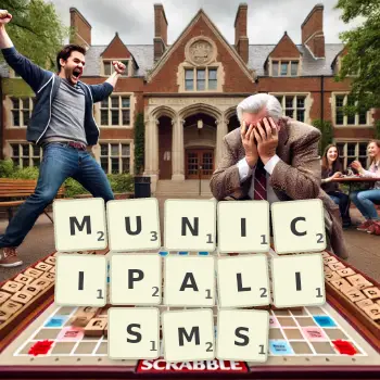 Creative illustration for a Scrabble game with the word MUNICIPALISMS spelled out in tiles on the board.