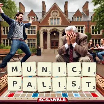 Creative illustration for a Scrabble game with the word MUNICIPALIST spelled out in tiles on the board.