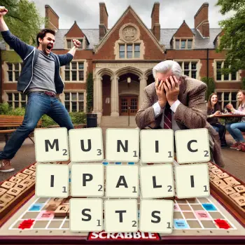 Creative illustration for a Scrabble game with the word MUNICIPALISTS spelled out in tiles on the board.