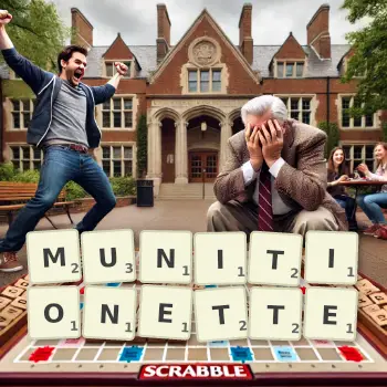 Creative illustration for a Scrabble game with the word MUNITIONETTE spelled out in tiles on the board.