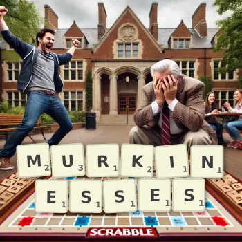 Creative illustration for a Scrabble game with the word MURKINESSES spelled out in tiles on the board.