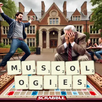 Creative illustration for a Scrabble game with the word MUSCOLOGIES spelled out in tiles on the board.
