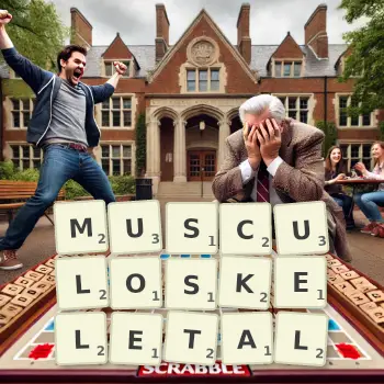 Creative illustration for a Scrabble game with the word MUSCULOSKELETAL spelled out in tiles on the board.