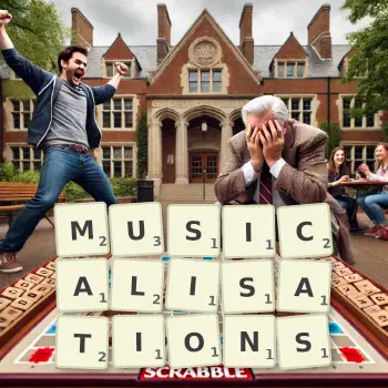 Creative illustration for a Scrabble game with the word MUSICALISATIONS spelled out in tiles on the board.