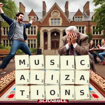 Creative illustration for a Scrabble game with the word MUSICALIZATIONS spelled out in tiles on the board.