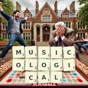 Creative illustration for a Scrabble game with the word MUSICOLOGICAL spelled out in tiles on the board.