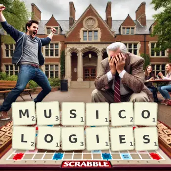 Creative illustration for a Scrabble game with the word MUSICOLOGIES spelled out in tiles on the board.