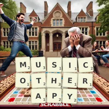 Creative illustration for a Scrabble game with the word MUSICOTHERAPY spelled out in tiles on the board.