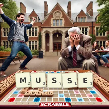 Creative illustration for a Scrabble game with the word MUSSE spelled out in tiles on the board.