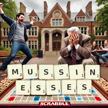 Creative illustration for a Scrabble game with the word MUSSINESSES spelled out in tiles on the board.