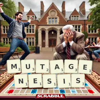 Creative illustration for a Scrabble game with the word MUTAGENESIS spelled out in tiles on the board.
