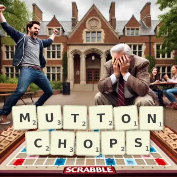 Creative illustration for a Scrabble game with the word MUTTONCHOPS spelled out in tiles on the board.