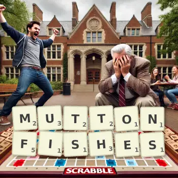 Creative illustration for a Scrabble game with the word MUTTONFISHES spelled out in tiles on the board.