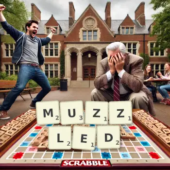Creative illustration for a Scrabble game with the word MUZZLED spelled out in tiles on the board.