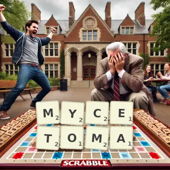 Creative illustration for a Scrabble game with the word MYCETOMA spelled out in tiles on the board.