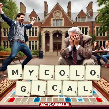 Creative illustration for a Scrabble game with the word MYCOLOGICAL spelled out in tiles on the board.