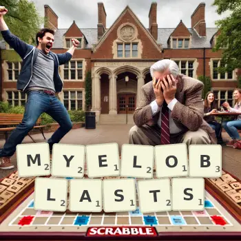 Creative illustration for a Scrabble game with the word MYELOBLASTS spelled out in tiles on the board.