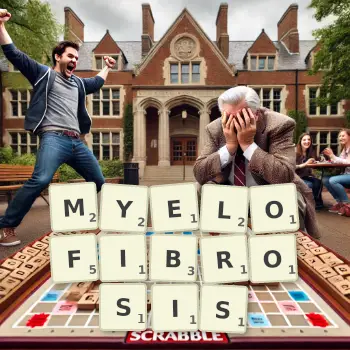 Creative illustration for a Scrabble game with the word MYELOFIBROSIS spelled out in tiles on the board.