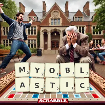 Creative illustration for a Scrabble game with the word MYOBLASTIC spelled out in tiles on the board.
