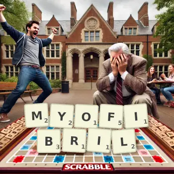 Creative illustration for a Scrabble game with the word MYOFIBRIL spelled out in tiles on the board.