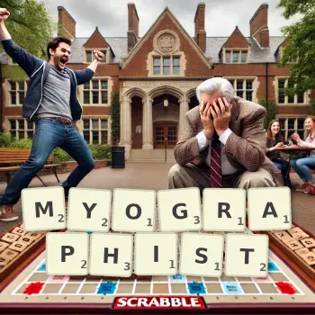 Creative illustration for a Scrabble game with the word MYOGRAPHIST spelled out in tiles on the board.