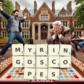 Creative illustration for a Scrabble game with the word MYRINGOSCOPES spelled out in tiles on the board.