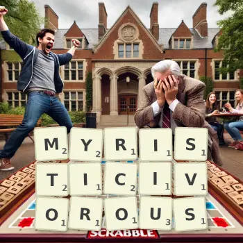 Creative illustration for a Scrabble game with the word MYRISTICIVOROUS spelled out in tiles on the board.