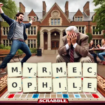 Creative illustration for a Scrabble game with the word MYRMECOPHILE spelled out in tiles on the board.