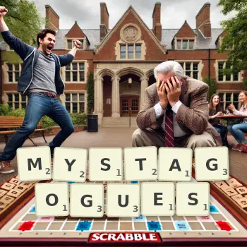 Creative illustration for a Scrabble game with the word MYSTAGOGUES spelled out in tiles on the board.