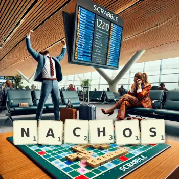 Creative illustration for a Scrabble game with the word NACHOS spelled out in tiles on the board.