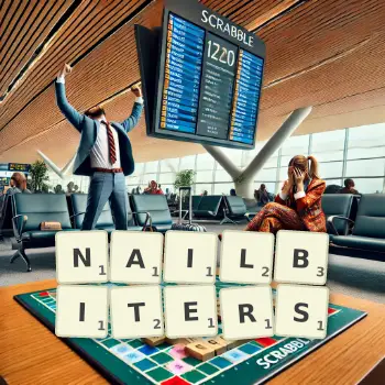 Creative illustration for a Scrabble game with the word NAILBITERS spelled out in tiles on the board.