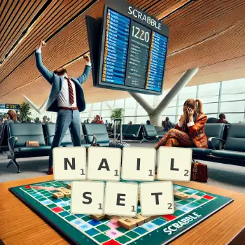 Creative illustration for a Scrabble game with the word NAILSET spelled out in tiles on the board.