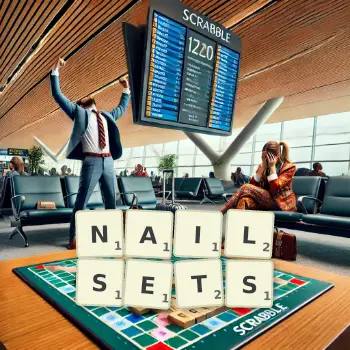 Creative illustration for a Scrabble game with the word NAILSETS spelled out in tiles on the board.