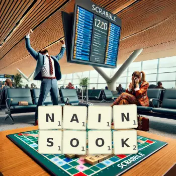 Creative illustration for a Scrabble game with the word NAINSOOK spelled out in tiles on the board.