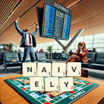 Creative illustration for a Scrabble game with the word NAIVELY spelled out in tiles on the board.