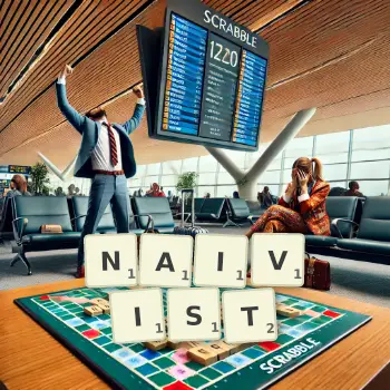 Creative illustration for a Scrabble game with the word NAIVIST spelled out in tiles on the board.