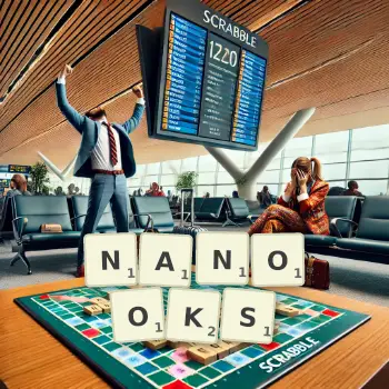 Creative illustration for a Scrabble game with the word NANOOKS spelled out in tiles on the board.