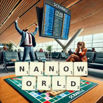 Creative illustration for a Scrabble game with the word NANOWORLD spelled out in tiles on the board.
