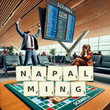 Creative illustration for a Scrabble game with the word NAPALMING spelled out in tiles on the board.