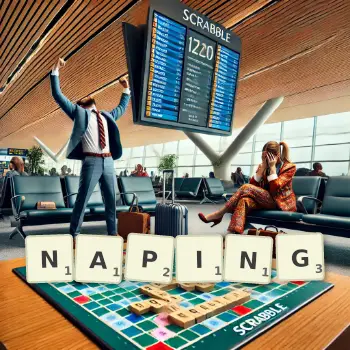 Creative illustration for a Scrabble game with the word NAPING spelled out in tiles on the board.