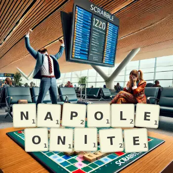 Creative illustration for a Scrabble game with the word NAPOLEONITE spelled out in tiles on the board.