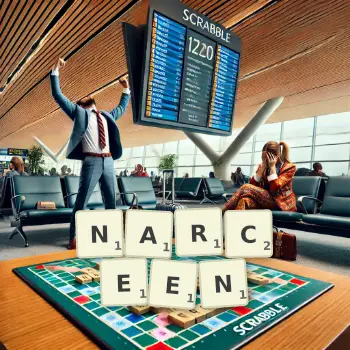 Creative illustration for a Scrabble game with the word NARCEEN spelled out in tiles on the board.