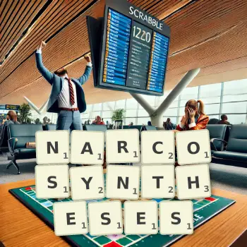 Creative illustration for a Scrabble game with the word NARCOSYNTHESES spelled out in tiles on the board.