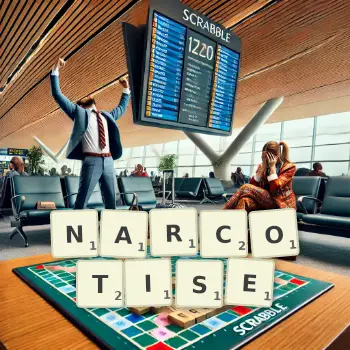 Creative illustration for a Scrabble game with the word NARCOTISE spelled out in tiles on the board.