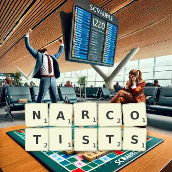 Creative illustration for a Scrabble game with the word NARCOTISTS spelled out in tiles on the board.