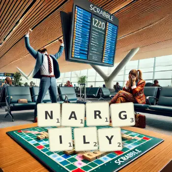 Creative illustration for a Scrabble game with the word NARGILY spelled out in tiles on the board.
