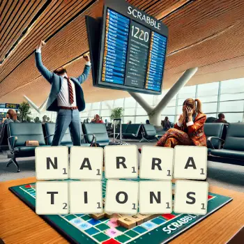 Creative illustration for a Scrabble game with the word NARRATIONS spelled out in tiles on the board.